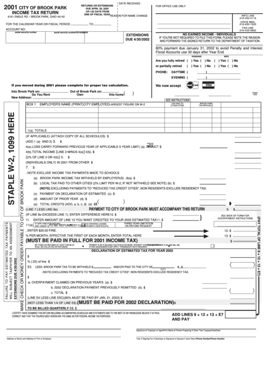 Form Income Tax Return - City Of Brook Park - 2001 Printable pdf