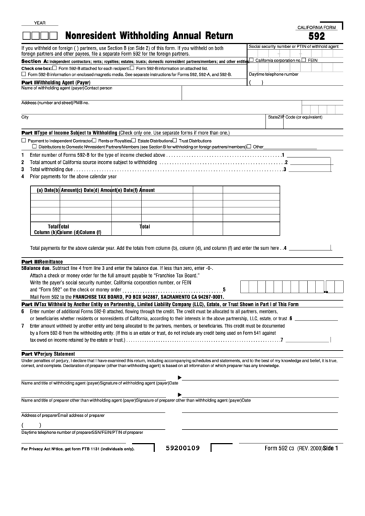California Form 592 - Nonresident Withholding Annual Return Printable pdf