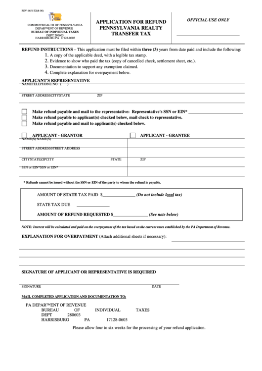 Form Rev-1651 - Application For Refund Pa Realty Transfer Tax printable ...