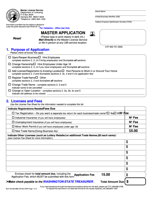 Form Bls-700-028 - Master Application - State Of Washington Master License Service - 2000