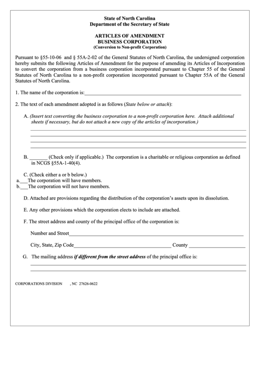 Fillable Form B-13 - Articles Of Amendment Business Corporation (Conversion To Non-Profit Corporation) Printable pdf