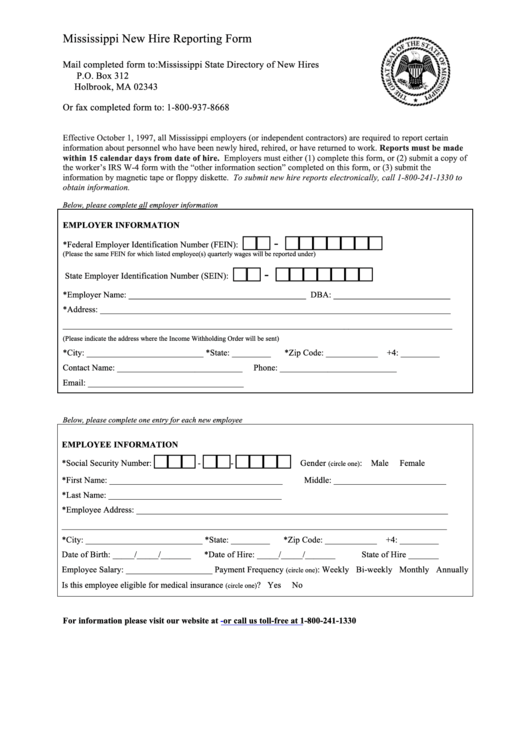 Fillable Mississippi New Hire Reporting Form Printable pdf