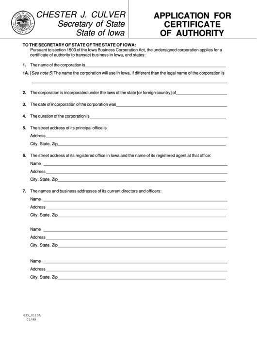 Form 635_0110a - Application For Certificate Of Authority Printable pdf