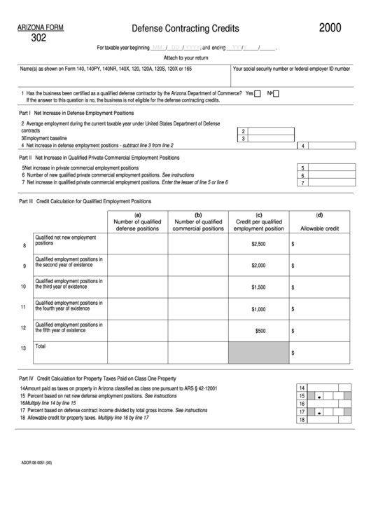 Fillable Arizona Form 302 - Defense Contracting Credits - 2000 Printable pdf