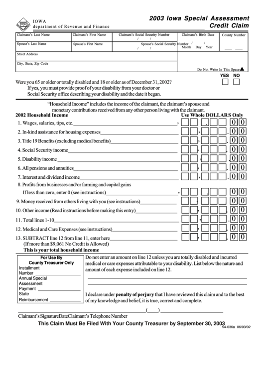 Form 54-036a - Iowa Special Assessment Credit Claim - 2003 Printable pdf