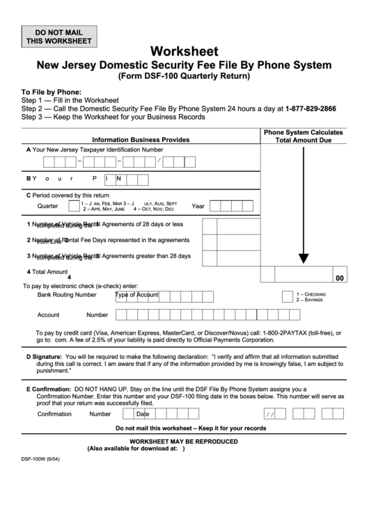Fillable Worksheet For Form Dsf-100 Quarterly Return New Jersey Domestic Security Fee File By Phone System Printable pdf