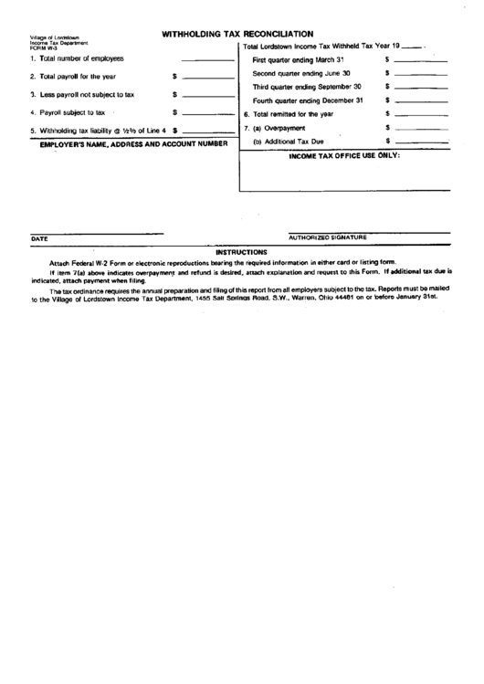 Form W-3 - Withholding Tax Reconciliation - Village Of Lordstown Printable pdf