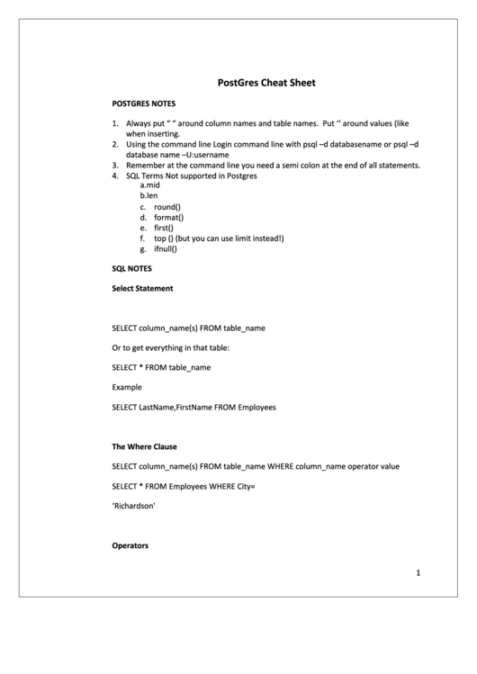 Postgres Cheat Sheet Printable pdf