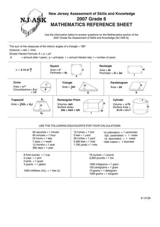 Grade 6 Mathematics Reference Sheet - 2007 printable pdf download