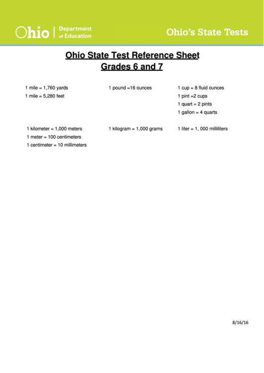 Ohio State Test Reference Sheet Grades 6 And 7 Printable pdf