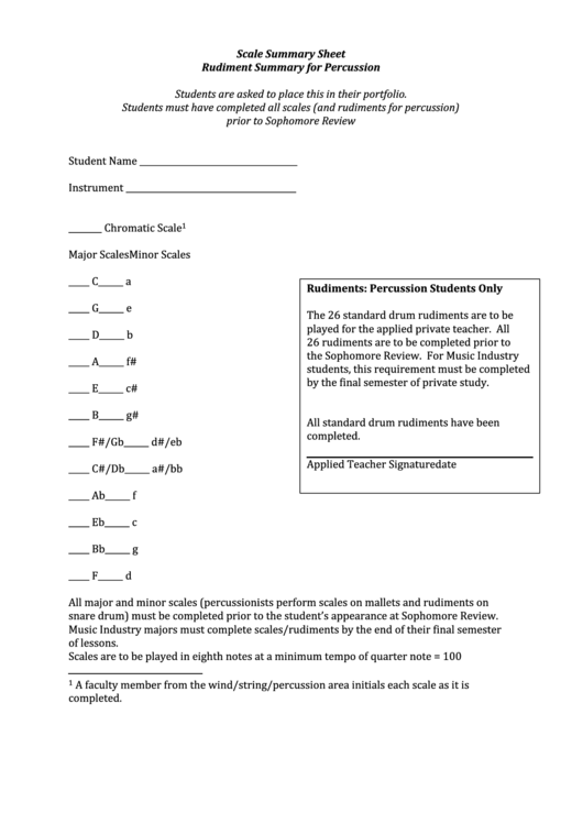 Scale Summary Sheet - Rudiment Summary For Percussion Printable pdf
