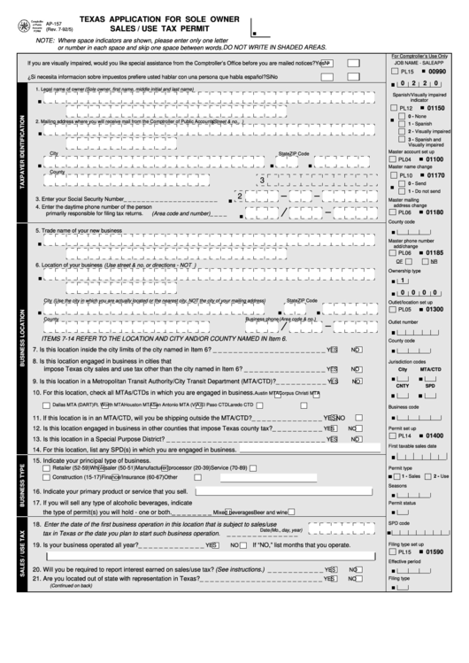 Fillable Form Ap-157 - Texas Application For Sole Owner Sales / Use Tax Permit Printable pdf