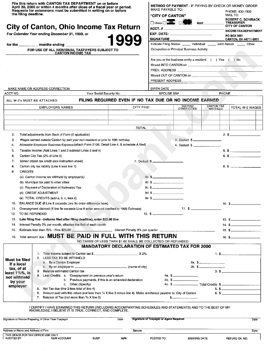 Ohio Income Tax Return - Canton Tax Department - 1999