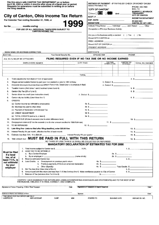 Ohio Income Tax Return - Canton Tax Department - 1999 Printable pdf