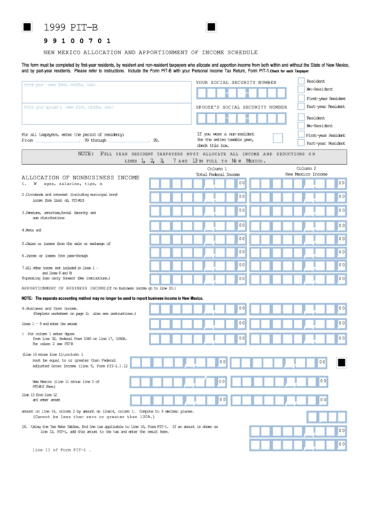 Form Pit-B - New Mexico Allocation And Apportionment Of Income Schedule - 1999 Printable pdf
