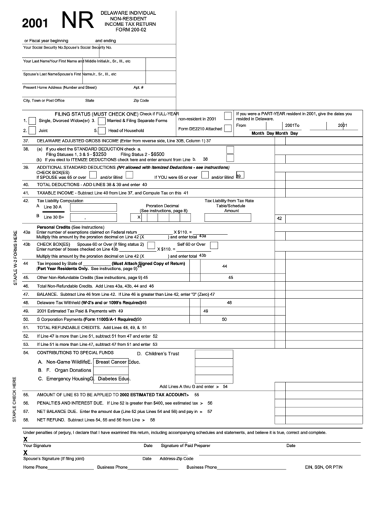 Fillable Form 200-02 - Delaware Individual Non-Resident Income Tax Return - De Division Of Revenue - 2001 Printable pdf