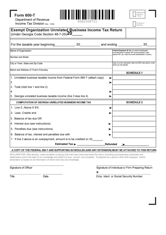 Form 600-T - Exempt Organization Unrelated Business Income Tax Return Printable pdf