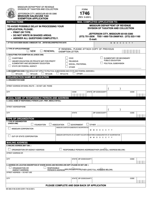 Form 1746 - Missouri Sales/use Tax Exemption Application Printable pdf