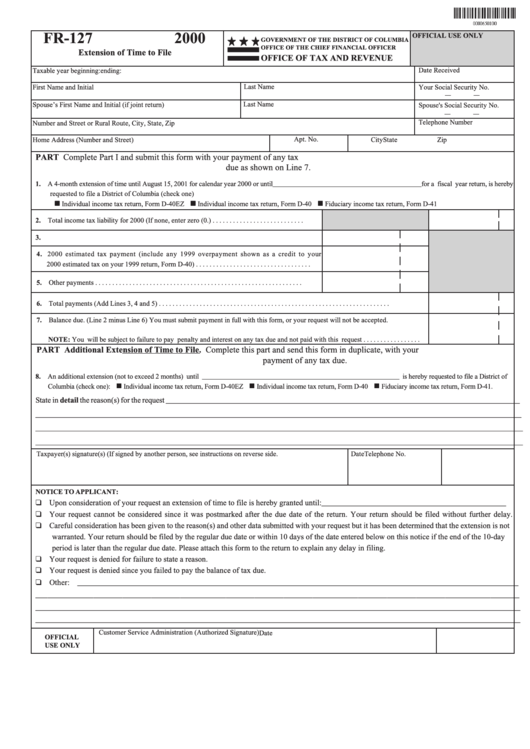 Form Fr-127 - Extension Of Time To File - 2000 Printable pdf