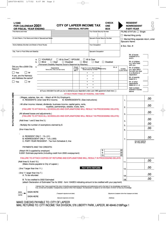 Form L1040 - City Of Lapeer Income Tax Individual Return - 2001 Printable pdf