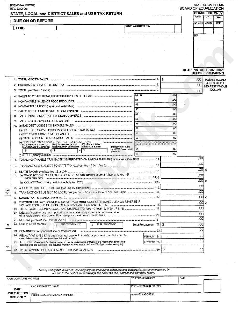 Form Boe-401-A - State, Local And District Sales And Use Tax Return