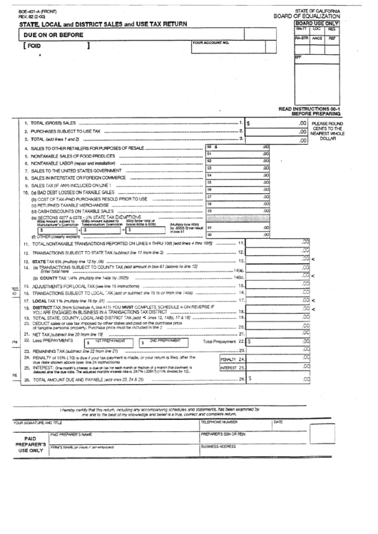 Form Boe-401-A - State, Local And District Sales And Use Tax Return Printable pdf