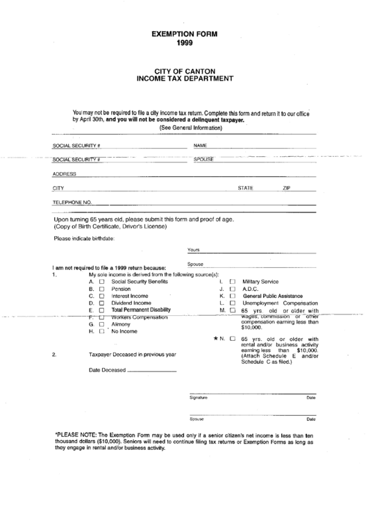 Exemption Form - Canton Income Tax Department - 1999 printable pdf download