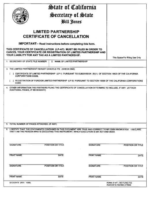 Fillable Form Lp-4/7 - Limited Partnership Certificate Of Cancellation Printable pdf