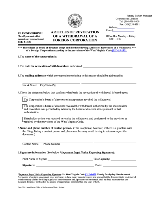 Fillable Form Cf-8 - Articles Of Revocation Of A Withdrawal Of A Foreign Corporation - 2017 Printable pdf