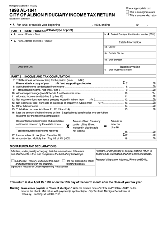 Fillable Form Al-1041 - City Of Albion Fiduciary Income Tax Return - 1998 Printable pdf