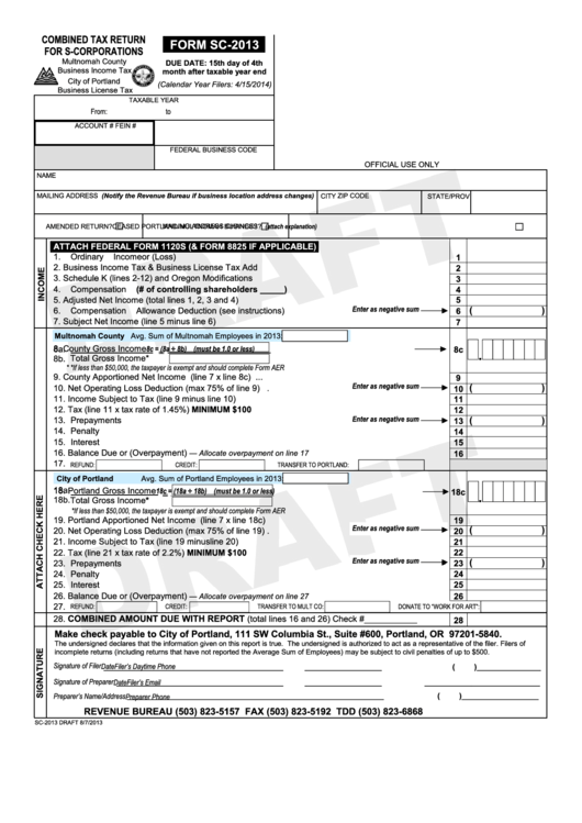 Form Sc-2013 Draft - Combined Tax Return For S-Corporations - 2013 Printable pdf