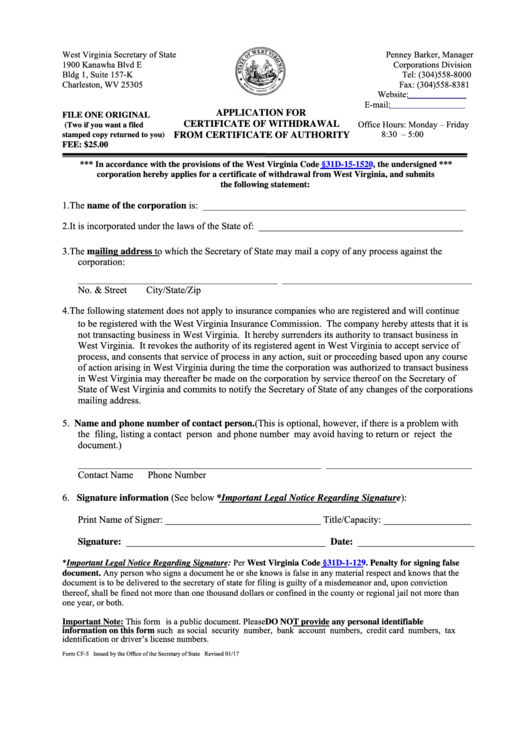 Fillable Form Cf-5 - Application For Certificate Of Withdrawal From Certificate Of Authority - 2017 Printable pdf