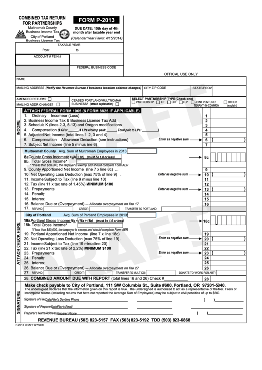 Fillable Form P-2013 Draft - Combined Tax Return For Partnerships - 2013 Printable pdf