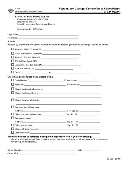 Form 92-033 - Request For Change, Correction Or Cancellation Of Tax Permit Printable pdf
