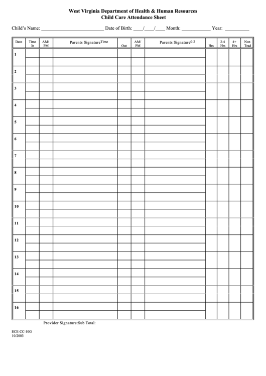 Form Ece-Cc-10g - Child Care Attendance Sheet - West Virginia Department Of Health & Human Resources Printable pdf