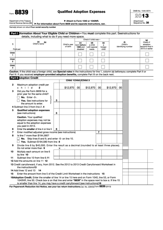 Fillable Form 8839 - Qualified Adoption Expenses - 2013 Printable pdf