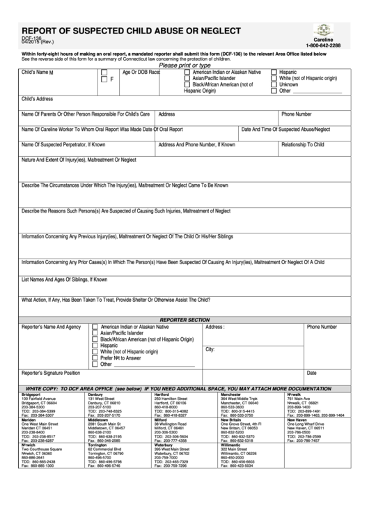 Fillable Form Dcf-136 - Report Of Suspected Child Abuse Or Neglect Printable pdf