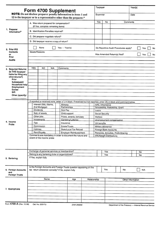 Form 4700 Supplement - Examination Workpapers - Department Of Treasury Printable pdf
