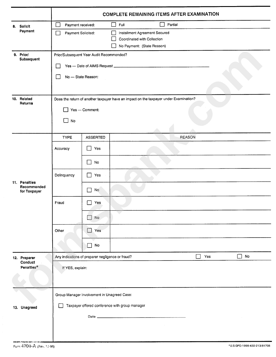 Form 4700 Supplement - Examination Workpapers - Department Of Treasury