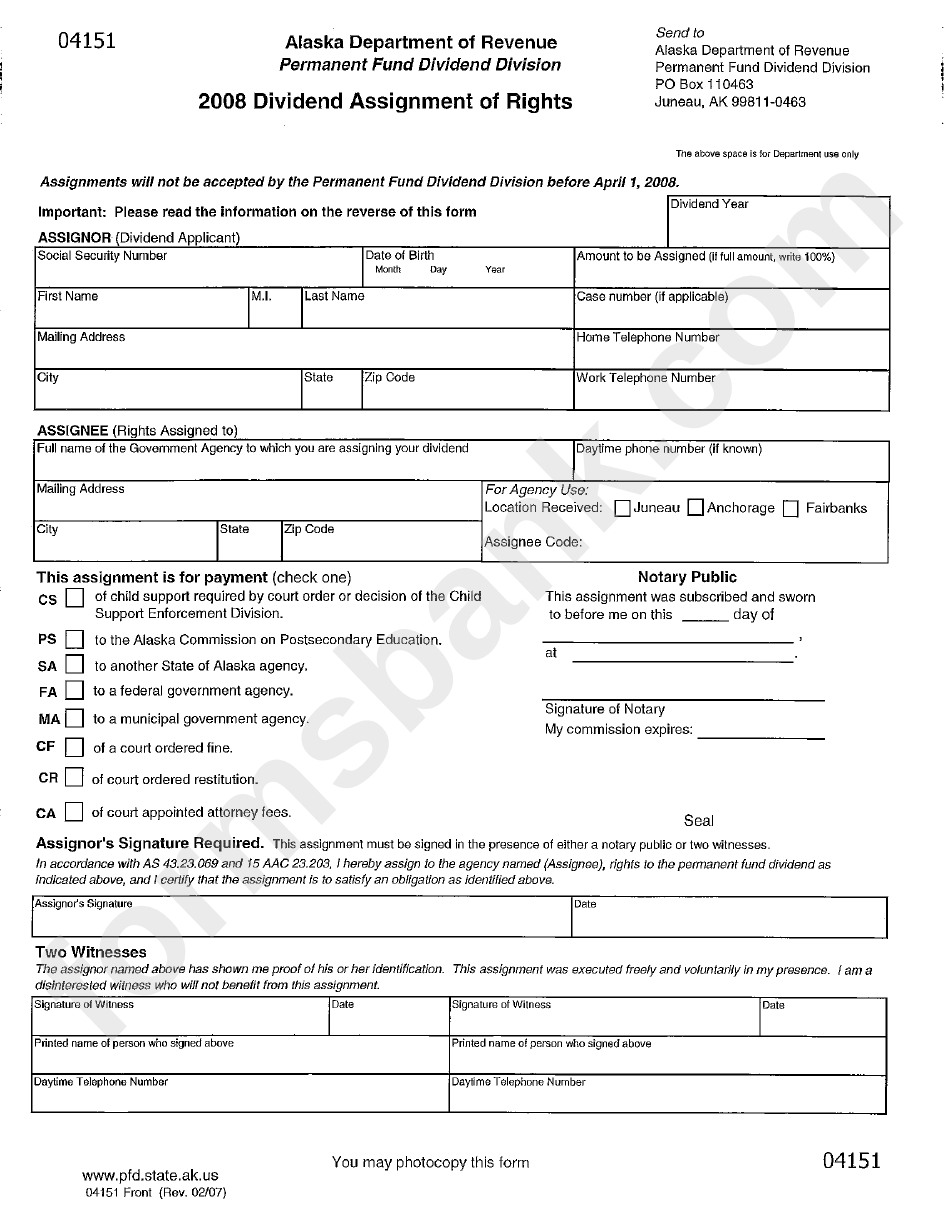 Form 04151 - Dividend Assignment Of Rights - Alaska Department Of Revenue - 2008