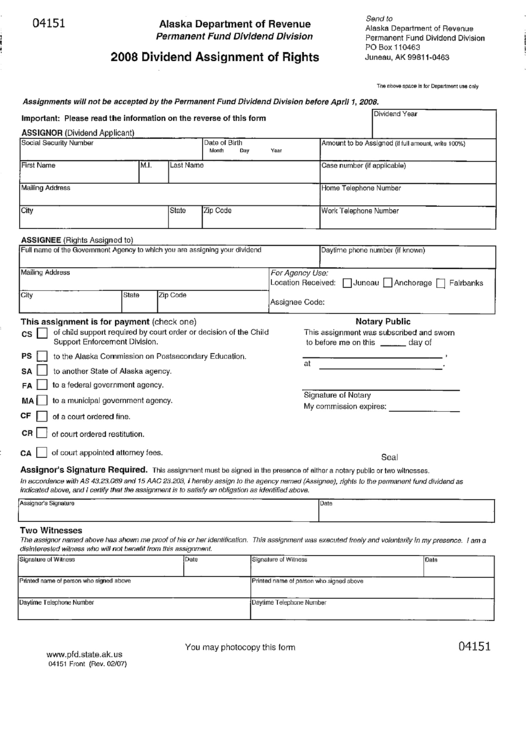Form 04151 - Dividend Assignment Of Rights - Alaska Department Of Revenue - 2008 Printable pdf