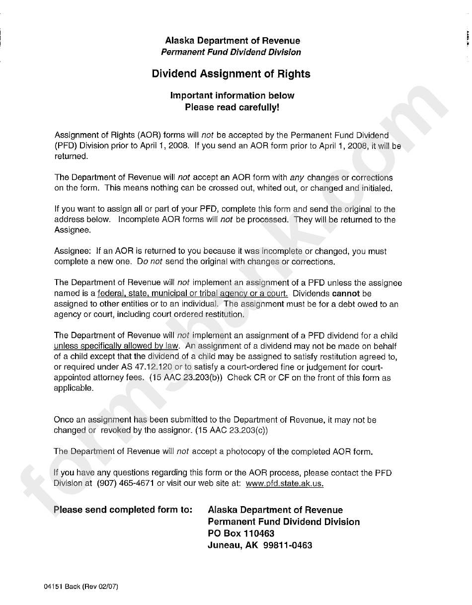 Form 04151 - Dividend Assignment Of Rights - Alaska Department Of Revenue - 2008