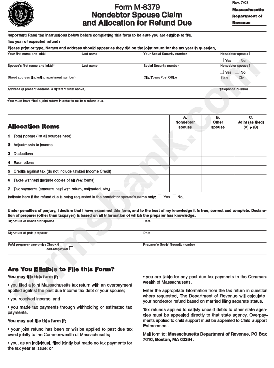 Form M-8379 - Nondebtor Spouse Claim And Allocation For Refund Due - Massachusetts Department Of Revenue