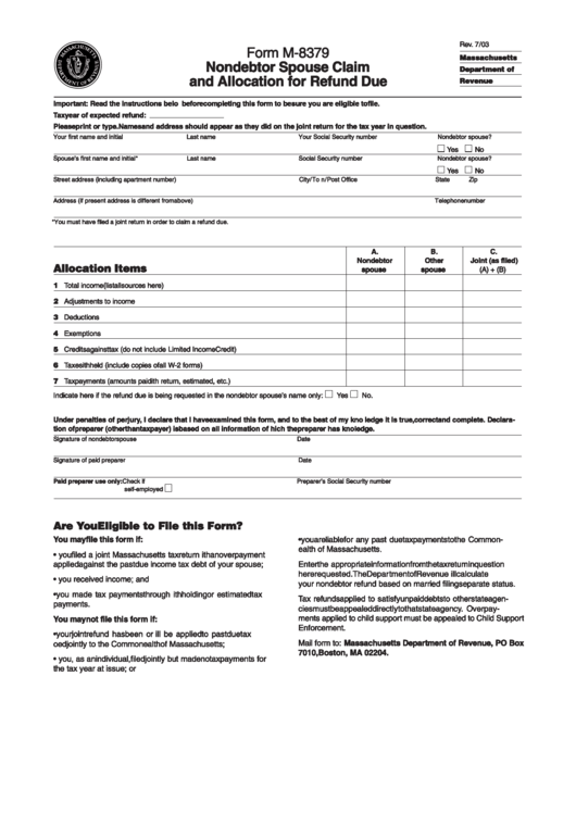 Form M-8379 - Nondebtor Spouse Claim And Allocation For Refund Due - Massachusetts Department Of Revenue Printable pdf