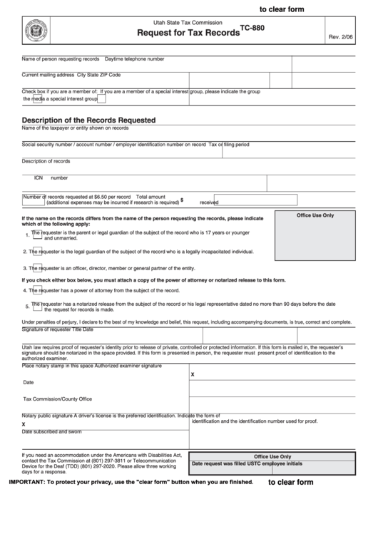 Fillable Form Tc-880 - Request For Tax Records - Utah State Tax Commission Printable pdf
