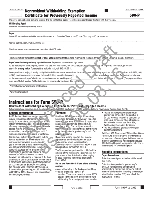 California Form 590-P Draft - Nonresident Withholding Exemption Certificate For Previously Reported Income - 2016 Printable pdf