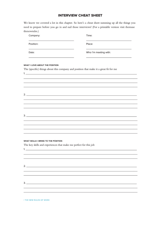 Interview Cheat Sheet Printable pdf