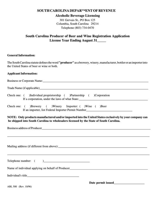 Fillable Form Abl 500 - South Carolina Producer Of Beer And Wine Registration Application Printable pdf