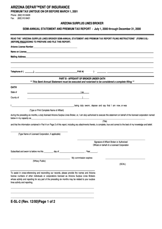 Form E-Sl-2 - Semi-Annual Statement And Premium Tax Report - 2000 ...