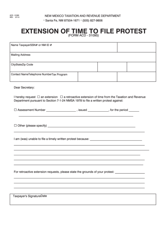 Form Acd-31095 - Extension Of Time To File Protest - 2010 Printable pdf